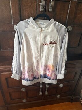 Vizio Silver Satin Bomber Jacket with Pastel Hem